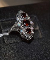 Sterling Silver Ring w/ Red Stones and Opals