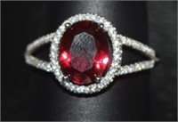 Size 9 Sterling Silver Ring w/  Red Stone and
