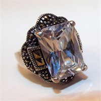 Sterling Silver And Marcasite Ring W/ Clear Stones