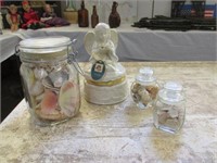 1 Lg & 2 Sm Jars of Shells, Porcelain Angel Box