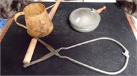 VINTAGE ICE PICK, SMALL PEWTER BED WARMER &