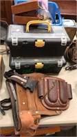 Two tool belts and two toolboxes with hardware,