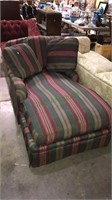 Overstuffed chaise chair, green and burgundy