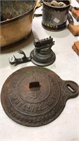 1882 cast iron pot lid, pewter stein lid with