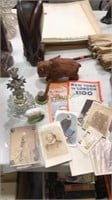 Wind up bear, brass hat, antique photos, antique