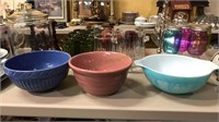 Pyrex mixing bowl, two pottery mixing bowls, The