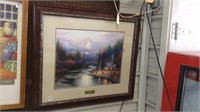 Framed picture w/ river, mountain and cabin