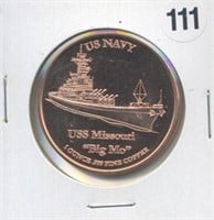 US Navy USS Missouri Big Mo One Ounce .999 Copper