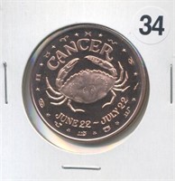 Cancer Zodiac Sign Crab One Ounce .999 Copper Roun