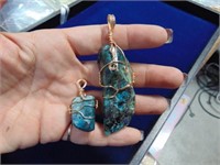 2 Turquoise Stone Pendant W/Wrapped Gold Wire