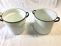 Two white porcelain buckets measure 9" tall