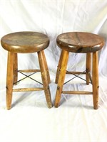 Pair of small vintage wood and metal spoke stools