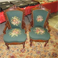 Pair 19th C. Ornate & Heavily Carved Parlor Chairs