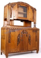 Carved Oak & Marble Sideboard Buffet Cabinet