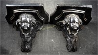 2 Large Black Molded Stone Cherub Shelves