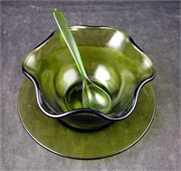 Mid Century Green Glass Dip Bowl And Saucer