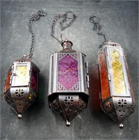 3 Vintage Mid Century Colored Metal Hanging Lights