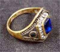 Oriental Polished Brass Ornate Blue Stone Ring