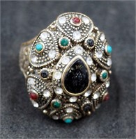 Vintage Ornate Carved Brass Gemstones Ring