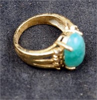 Oriental Polished Brass Ornate Green Stone Ring
