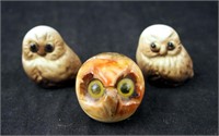 3 Miniature Carved  & Pottery Owl Figurines Lot