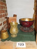 5 pieces of mosaic/tile glass ware - 2 are candle