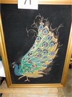 Vintage black velvet peacock art picture,