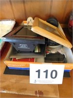 Box of misc. - frames, travel clocks - playing
