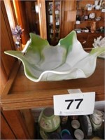 Lotus shaped green & white slag bowl