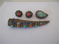 Chinese silver gilt enamel coral brooch