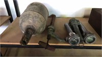 3 x PETROLEUM ISSUED TORCHES, FUNNEL & PUMP