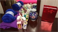 Lotions, blankets, Chinese vase