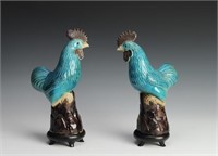 Pair of Blue Porcelain Roosters, China