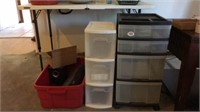 2 plastic storage containers and tote of