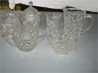 Clear glass sugar & creamer, pitcher, and bowls