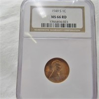 1949 S LINCOLN CENT NGC MS 66 RD