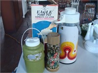 Thermos, water jug and pump pot.