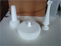 Fenton Hobnail covered candy dish and vases