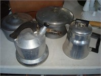 aluminum pots, coffee percolator and teapot