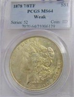 1878 7/8TF MORGAN SILVER DOLLAR PCGS MS64 WEAK