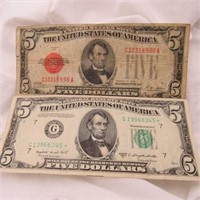 2 $5 NOTES - 1928 RED SEAL + 1950 C