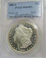 1881 S MORGAN SILVER DOLLAR PCGS MS 64 PL