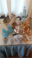 Perfume bottles, safety pin container, trinkets