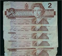 Five 1986 Canada $2 bills