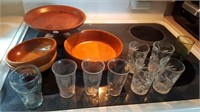 Wood bowls, juice glasses  1 small Coke glass