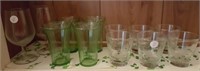 Green juice glasses, etched small glasses