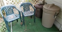 2 Plastic lawn chairs & 2 - trash cans