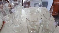 Etched glass pitcher, goblets, water glasses