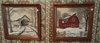 2 - cloth framed prints, barn & covered bridge