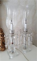 2 Etched glass chimney vanity lamps with prisms